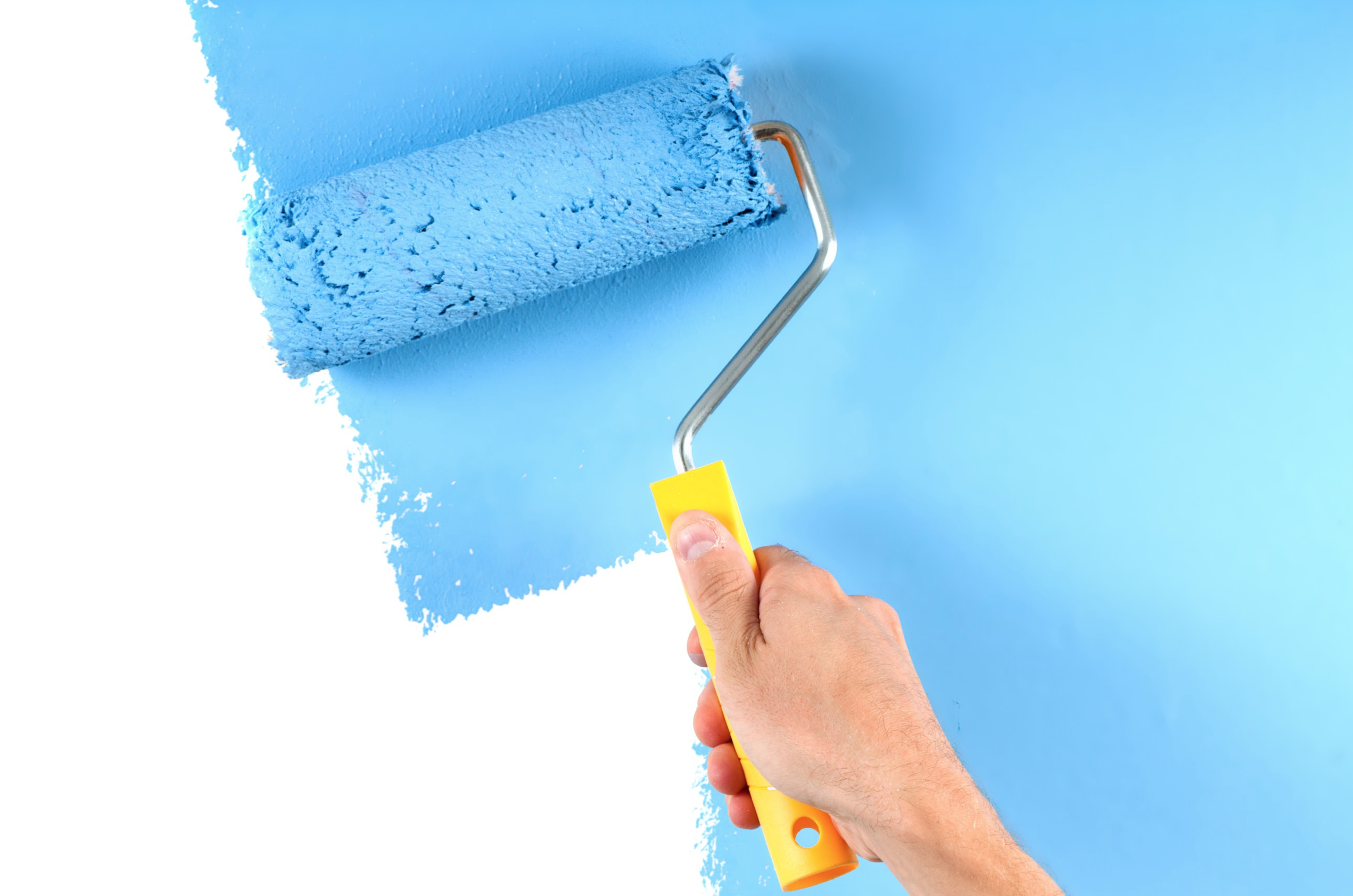 hand holding paint roller painting wall blue